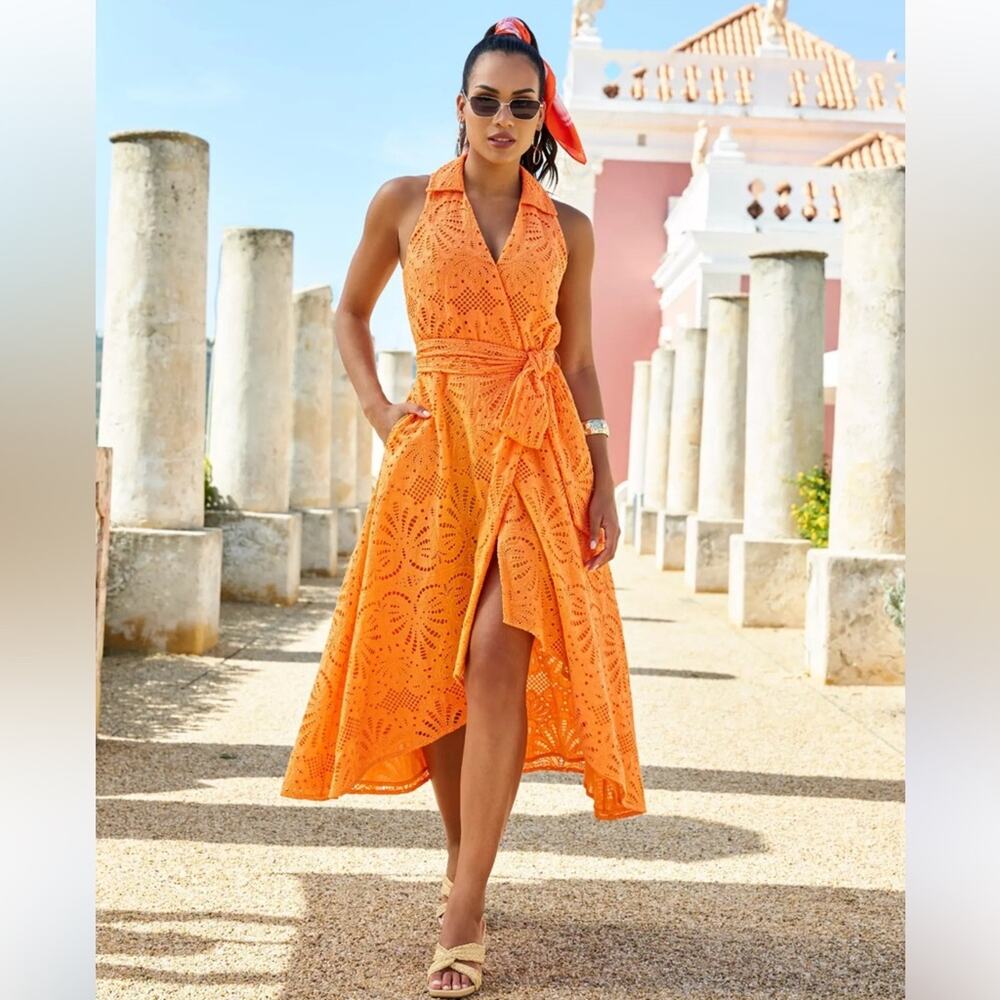 Boston Proper NWT orange cotton eyelet dress faux wrap size 8